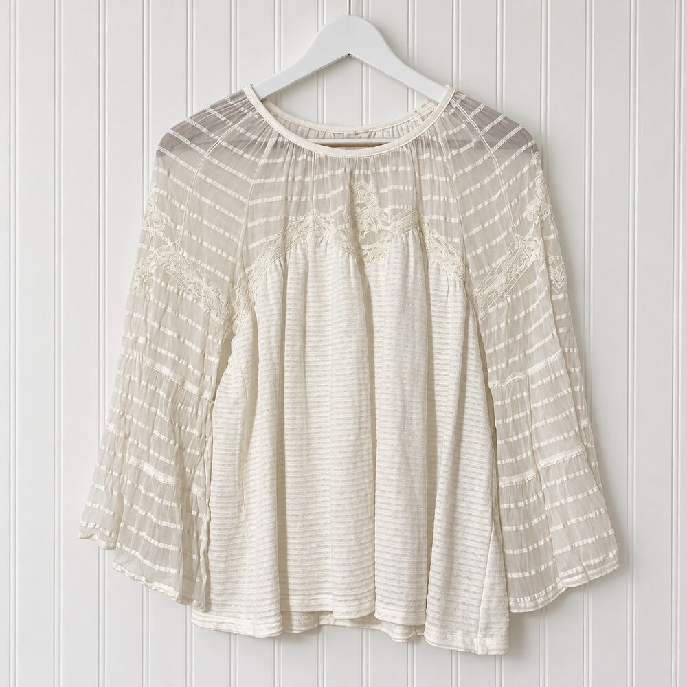 Lucky Brand Sheer Bell Sleeve Brocade Floral Textured Blouse White Medium